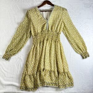 Max Studio Yellow Floral Smocked Dress Women M Long Sleeve V Neck